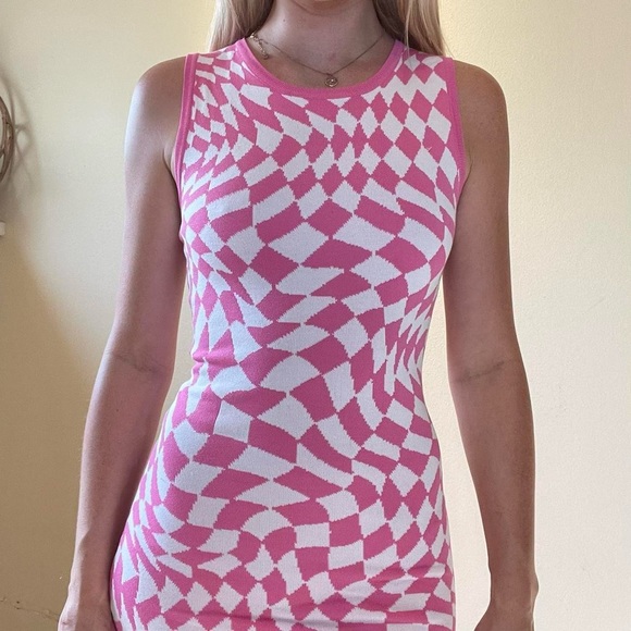 Pink Checkerboard Knitted Mini Dress - Picture 2 of 2